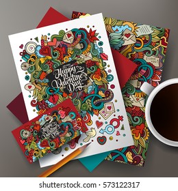 Cartoon cute colorful vector hand drawn doodles Love corporate identity set. Templates design of business card, flyers, posters, papers on the table