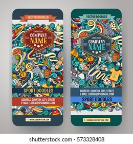 Cartoon cute colorful vector hand drawn doodles Sport corporate identity. 2 vertical banners design. Templates set