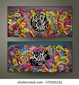 Cartoon cute colorful vector hand drawn doodles Sale corporate identity. 2 horizontal banners design. Templates set