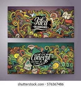 Cartoon süße bunt Vektorgrafik handgezeichnet Doodles Idea Corporate Identity. 2 horizontale Banner-Design. Vorlagen-Set