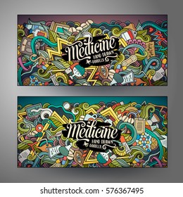 Cartoon cute colorful vector hand drawn doodles Medical corporate identity. 2 horizontal banners design. Templates set