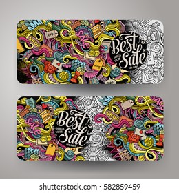 Cartoon cute colorful vector hand drawn doodles Sale corporate identity. 2 horizontal banners design. Templates set