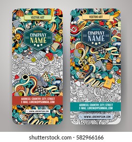 Cartoon cute colorful vector hand drawn doodles Sport corporate identity. 2 vertical banners design. Templates set