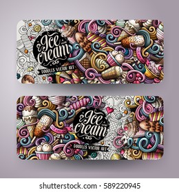 Cartoon cute colorful vector hand drawn doodles ice cream corporate identity. 2 horizontal banners design. Templates set