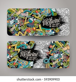Cartoon cute colorful vector hand drawn doodles Medical corporate identity. 2 horizontal banners design. Templates set