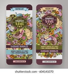 Cartoon cute colorful vector hand drawn doodles Massage salon corporate identity. 2 vertical banners design. Templates set