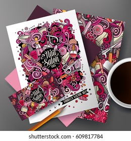 Cartoon cute colorful vector hand drawn doodles Nail salon corporate identity set. Templates design of business card, flyers, posters, papers on the table