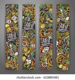 Cartoon cute colorful vector hand drawn doodles Idea corporate identity. 4 vertical banners design. Templates set