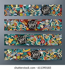 Cartoon cute colorful vector hand drawn doodles Sport corporate identity. 4 horizontal banners design. Templates set