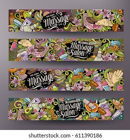 Cartoon cute colorful vector hand drawn doodles Massage salon corporate identity. 4 horizontal banners design. Templates set