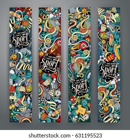 Cartoon cute colorful vector hand drawn doodles Sport corporate identity. 4 vertical banners design. Templates set