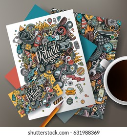 Cartoon cute colorful vector hand drawn doodles Auto corporate identity set. Templates design of business card, flyers, posters, papers on the table