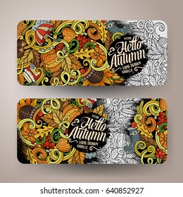 Cartoon cute colorful vector hand drawn doodles Autumn corporate identity. 2 horizontal banners design. Templates set