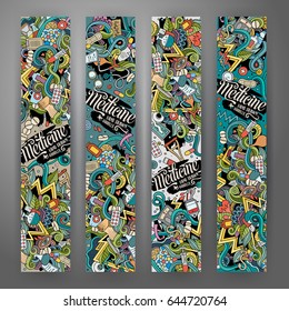 Cartoon cute colorful vector hand drawn doodles Medical corporate identity. 4 vertical banners design. Templates set