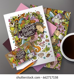 Cartoon cute colorful vector hand drawn doodles Massage salon corporate identity set. Templates design of business card, flyers, posters, papers on the table