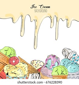 Cartoon cute colorful vector hand drawn ice cream background.