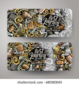 Cartoon cute colorful vector hand drawn doodles travel corporate identity. 2 horizontal journey banners design. Templates set