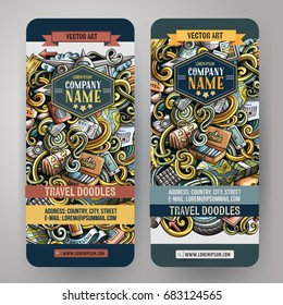 Cartoon cute colorful vector hand drawn doodles travel corporate identity. 2 vertical journey banners design. Templates set