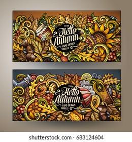 Cartoon cute colorful vector hand drawn doodles Fall season corporate identity. 2 horizontal Autumn banners design. Templates set