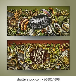 Cartoon cute colorful vector hand drawn doodles Beer fest corporate identity. 2 horizontal Oktoberfest banners design. Templates set