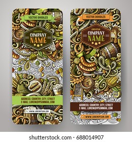 Cartoon cute colorful vector hand drawn doodles Beer fest corporate identity. 2 vertical Oktoberfest banners design. Templates set