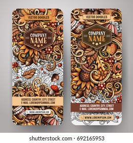 Cartoon cute colorful vector hand drawn doodles Fall season corporate identity. 2 vertical Autumn banners design. Templates set