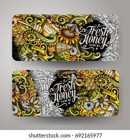 Cartoon cute colorful vector hand drawn doodles Honey corporate identity. 2 horizontal sweet food banners design. Templates set