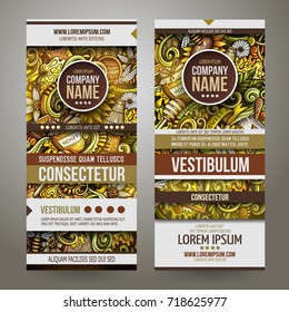 Cartoon cute colorful vector hand drawn doodles Honey corporate identity. 2 vertical sweet food banners design. Templates set