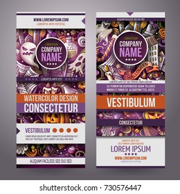 Cartoon cute colorful vector hand drawn doodles Halloween corporate identity. 2 vertical banners design. Templates set. All objects separate.