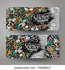 Cartoon cute colorful vector hand drawn doodles Science corporate identity. 2 horizontal banners design. Templates set