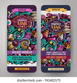 Cartoon cute colorful vector hand drawn doodles holidays corporate identity. 2 Vertical banners design. Templates set