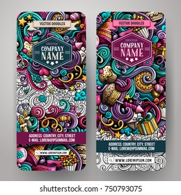 Cartoon cute colorful vector hand drawn doodles holidays corporate identity. 2 vertical banners design. Templates set