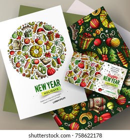 Cartoon cute colorful vector hand drawn doodles New Year corporate identity set. Templates design of id card, pattern, poster, papers on the table