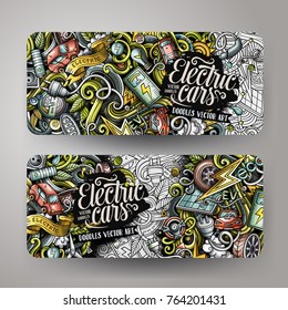 Cartoon cute colorful vector hand drawn doodles electric cars corporate identity. 2 horizontal banners design. Templates set. All objects separate