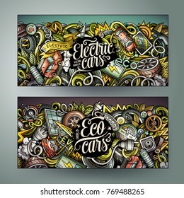 Cartoon cute colorful vector hand drawn doodles electric cars corporate identity. 2 horizontal banners design. Templates set. All objects separate