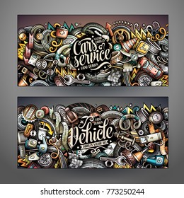 Cartoon cute colorful vector hand drawn doodles automotive corporate identity. 2 horizontal banners design. Templates set. All objects separate