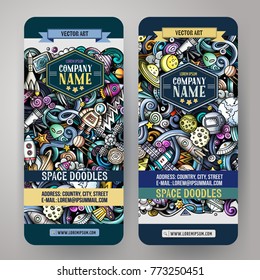 Cartoon cute colorful vector hand drawn doodles space corporate identity. 2 vertical banners design. Templates set. All objects separate