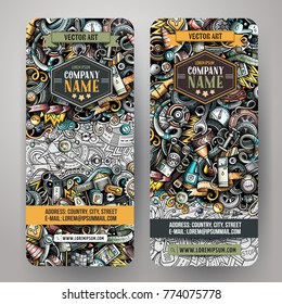 Caricatura adorable y colorido vectorial doodles de identidad corporativa automotriz dibujada a mano. Diseño de 2 banners verticales. Conjunto de plantillas. Todos los objetos se separan
