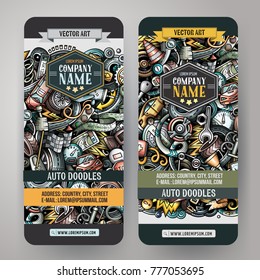 Cartoon cute colorful vector hand drawn doodles automotive corporate identity. 2 vertical banners design. Templates set. All objects separate