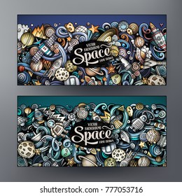 Cartoon cute colorful vector hand drawn doodles space corporate identity. 2 horizontal banners design. Templates set. All objects separate