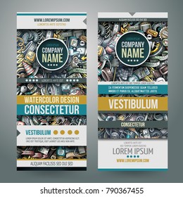 Cartoon cute colorful vector hand drawn doodles Automotive corporate identity. 2 vertical banners design. Templates set. All objects separate