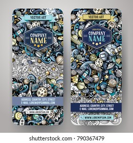 Cartoon cute colorful vector hand drawn doodles space corporate identity. 2 vertical banners design. Templates set. All objects separate