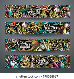 Cartoon cute colorful vector hand drawn doodles Science corporate identity. 4 horizontal banners design. Templates set