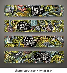 Cartoon cute colorful vector hand drawn doodles electric cars corporate identity. 4 horizontal banners design. Templates set. All objects separate