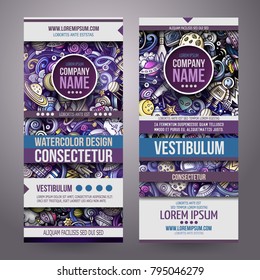 Cartoon cute colorful vector hand drawn doodles Space corporate identity. 2 vertical banners design. Templates set. All objects separate