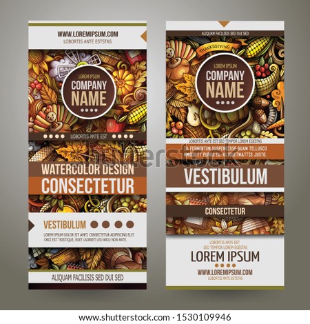Cartoon cute colorful vector hand drawn doodles Thanksgiving corporate identity. 2 vertical banners design. Templates set.