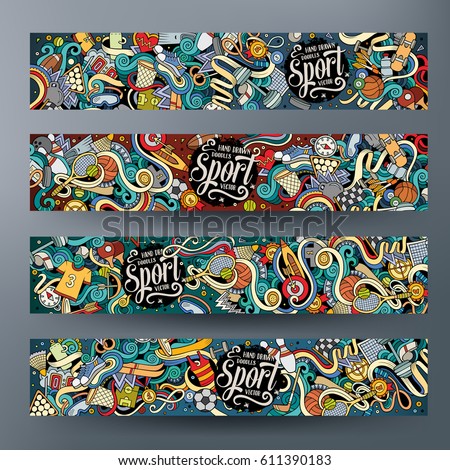 Cartoon cute colorful vector hand drawn doodles Sport corporate identity. 4 horizontal banners design. Templates set