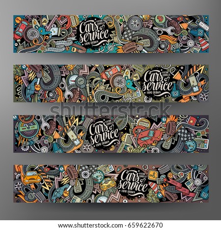 Cartoon cute colorful vector hand drawn doodles Automobile corporate identity. 4 horizontal banners design. Templates set