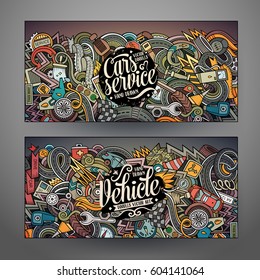 Cartoon cute colorful vector hand-drawn doodles Automobile corporate identity. 2 horizontal banners design. Templates set