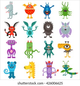 Cartoon cute comic and crazy color monsters aliens collection isolated.